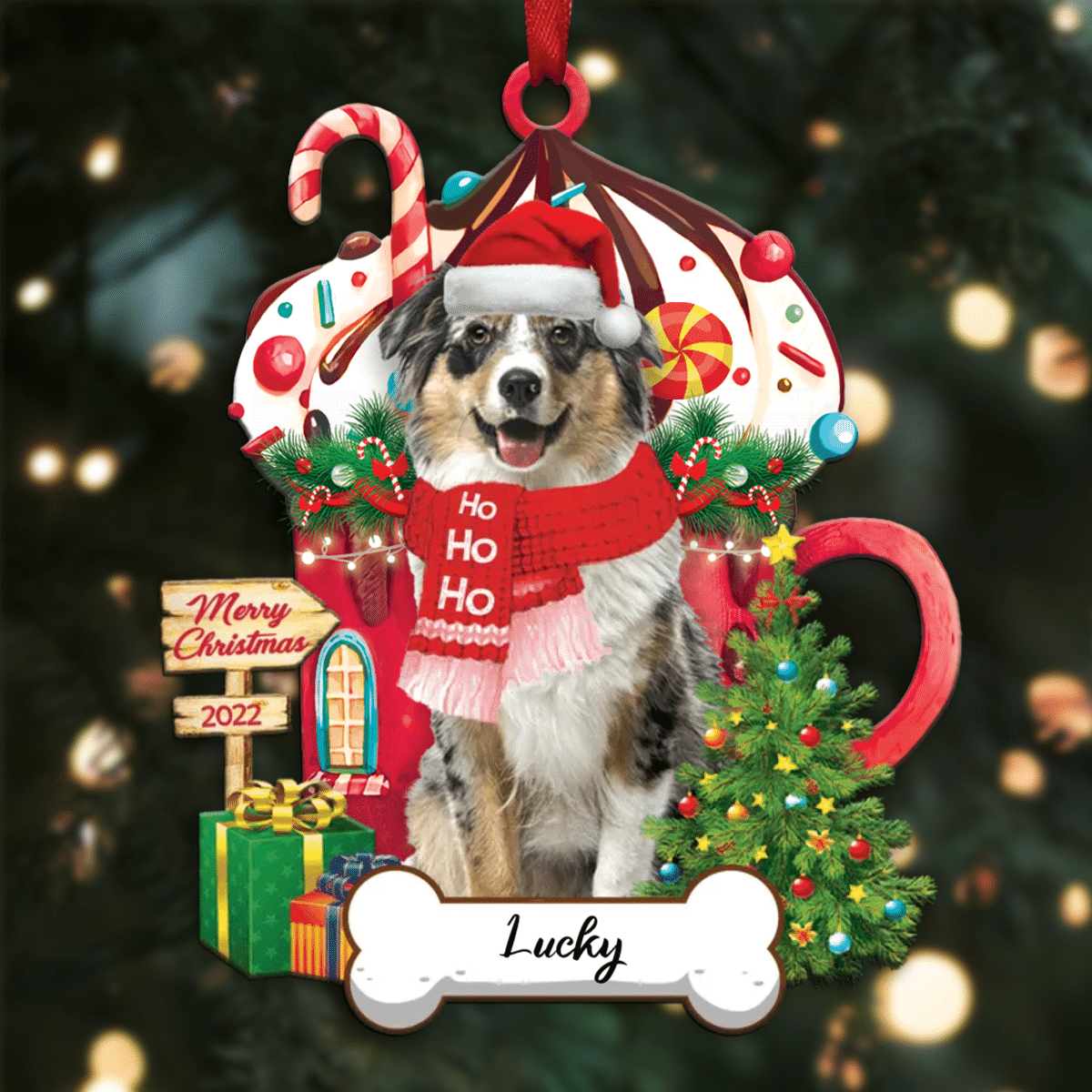 Personalized Ho Ho Ho Australian Shepherd Dog Christmas Ornament for Dog Lovers OO3908