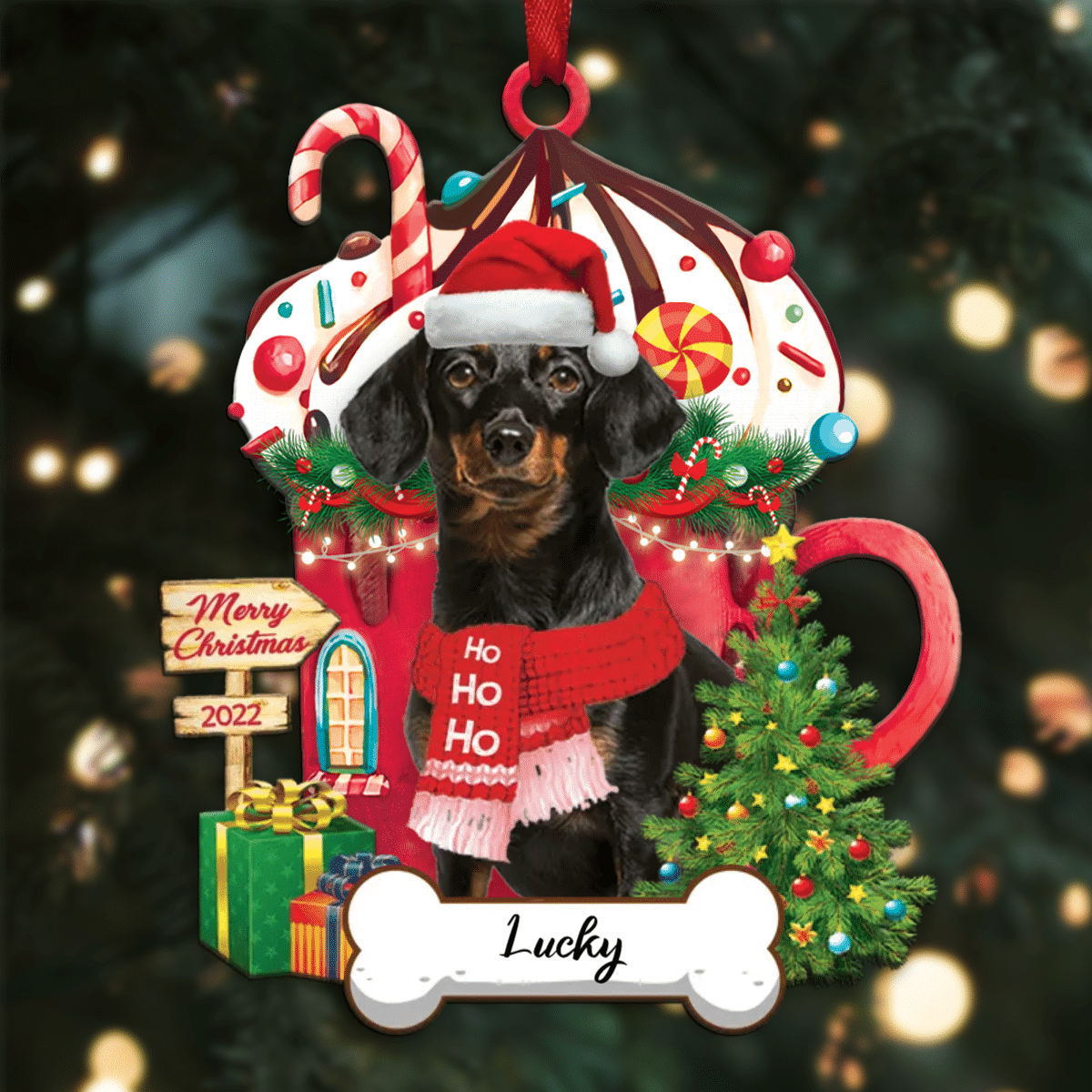 Personalized Ho Ho Ho Yellow Dachshund Dog Christmas Ornament for Dog Lovers OO3890