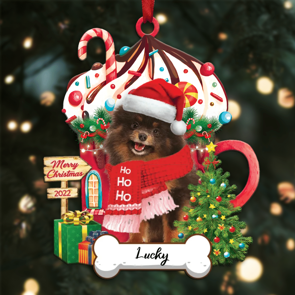 Personalized Ho Ho Ho Yellow Pomeranian Spitz Dog Christmas Ornament for Dog Lovers OO3872