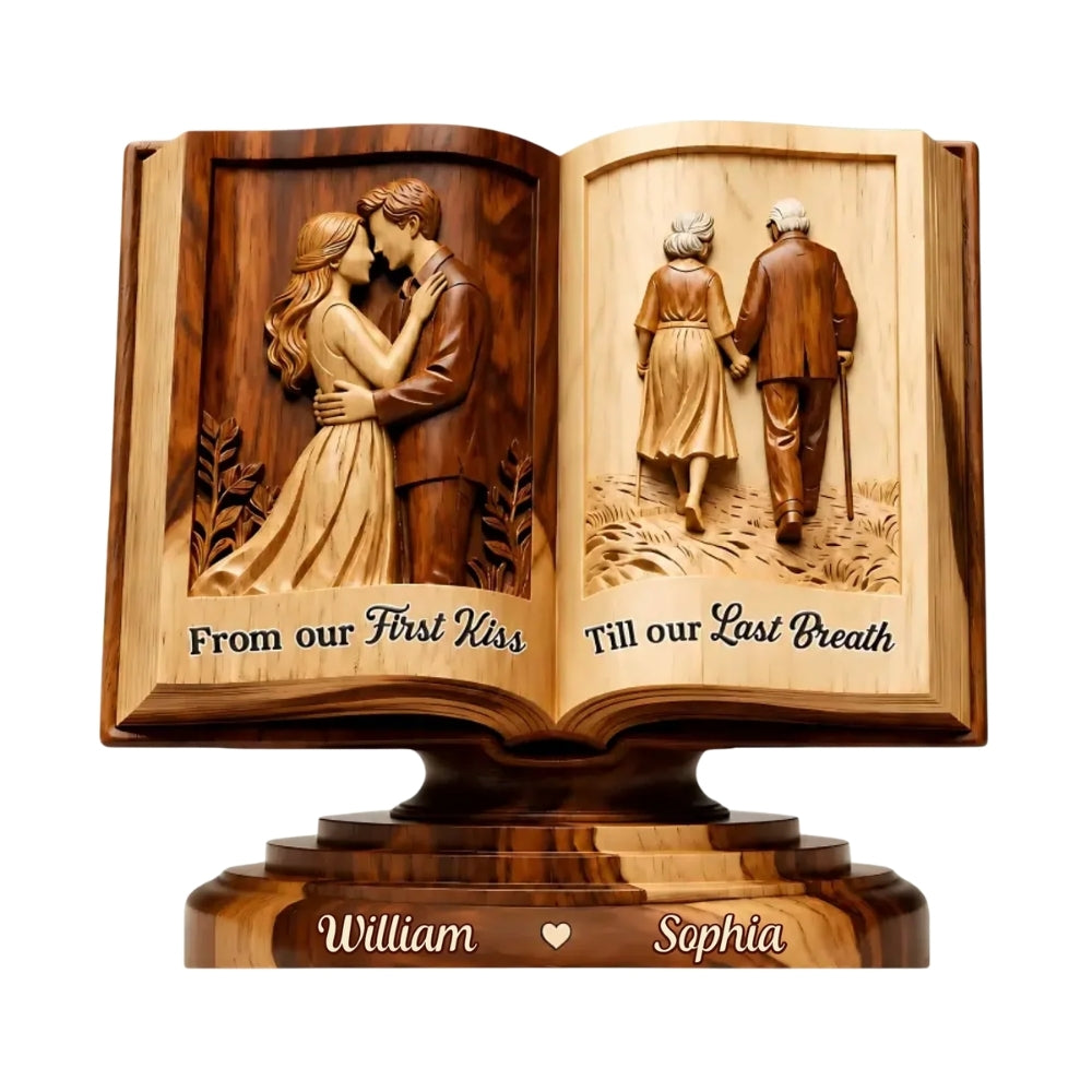 From Our First Kiss Till Our Last Breath Custom Couple Name Book Wooden Plaque, Personalized Wedding Wooden Block WD0807