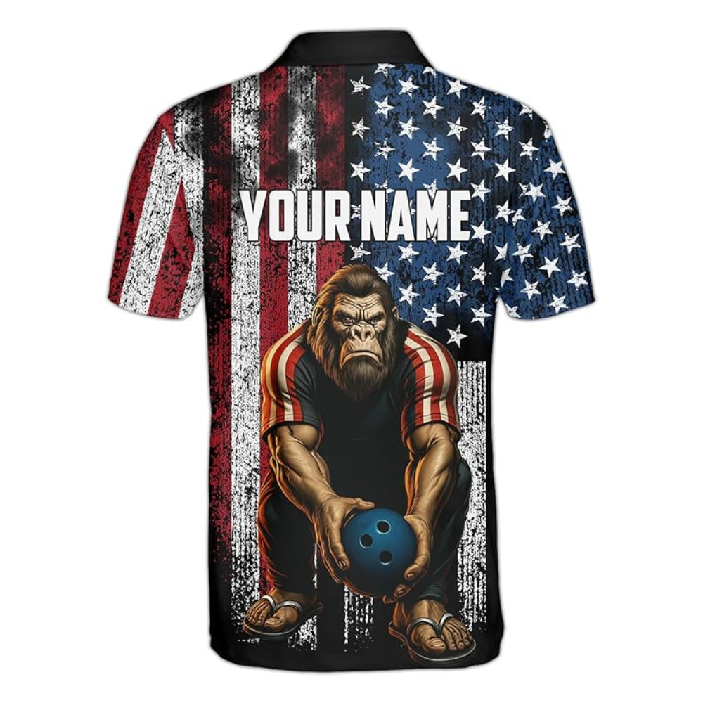 Custom American Flag Bigfoot Bowling Men Polo Shirt, Custom Patriotic Sasquatch Bowling Shirts For Team BZ0337
