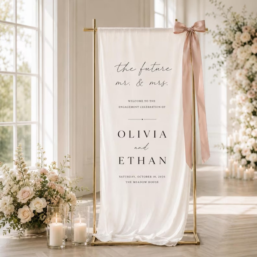 The Future Mr & Mrs Personalized Engagement Party Welcome Sign Linen, Custom Engaged Welcome Banner WD0962