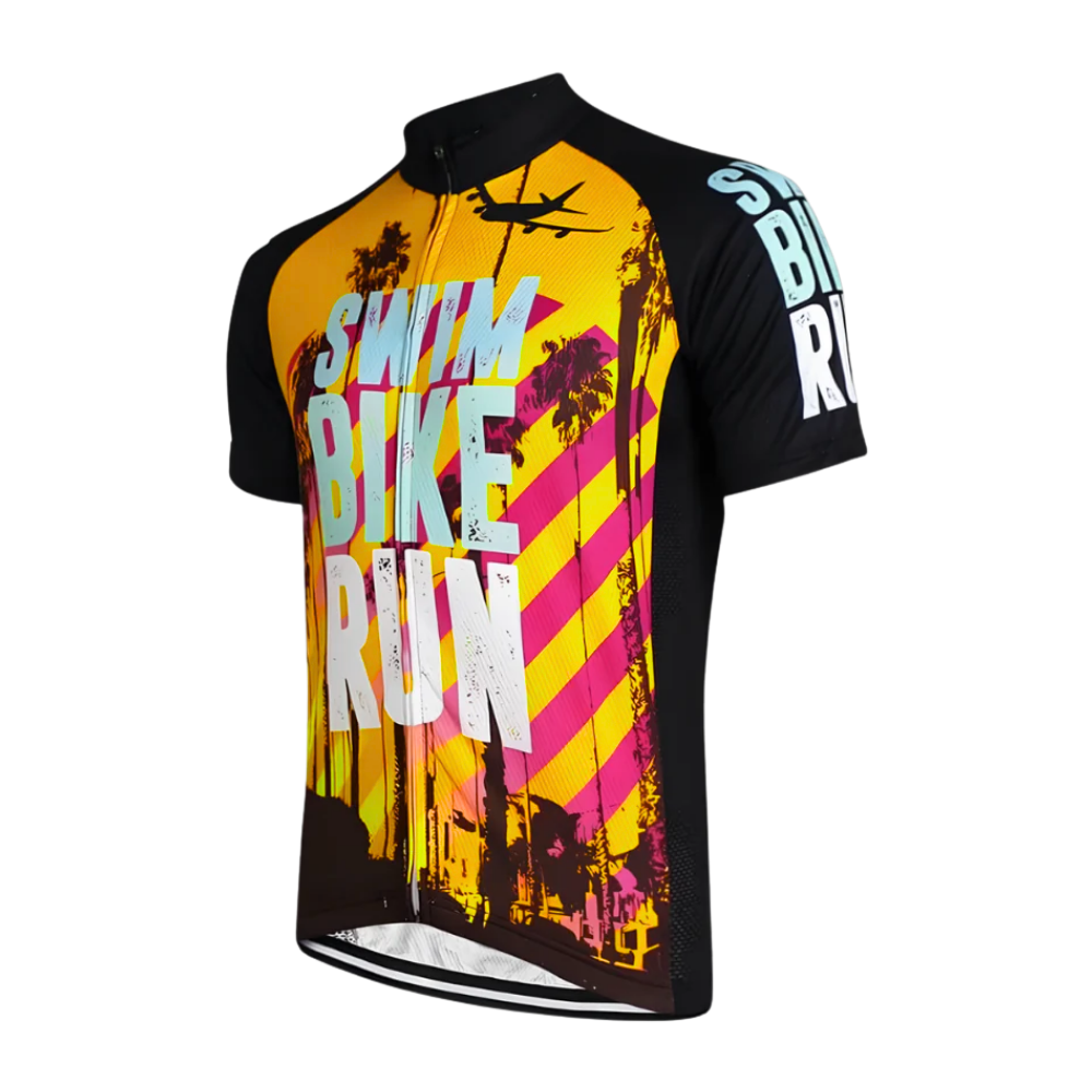 Swim Bike Run Cycling Short Sleeve Jersey For Men, Black Orange Cycling Jersey Shirts CG0830