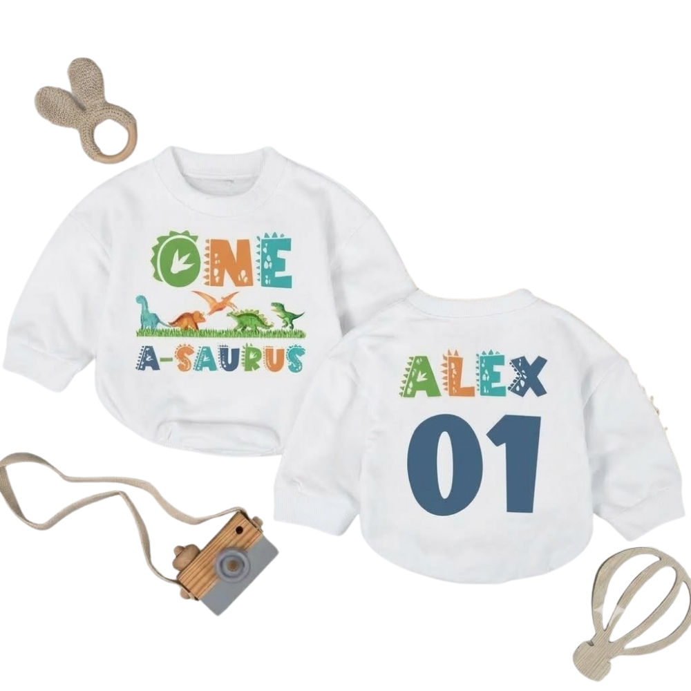 Custom One A Saurus Baby Romper Sweatshirt, Custom Dinosaur First Birthday Baby Romper Sweater BB0516