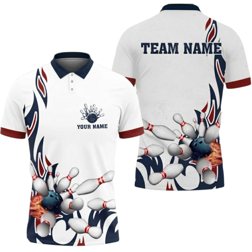 Custom Flame Cyan White Bowling Polo Shirt Men, Custom Team Bowling Shirts BZ0652