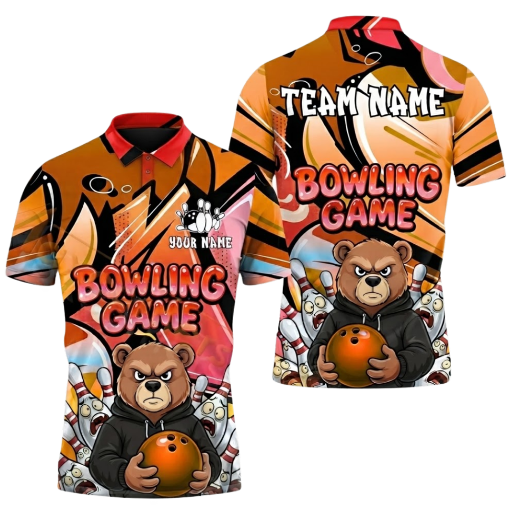 Custom Bear Graffiti Mens Purple Bowling Polo Shirt, Custom Bear Bowling Team Shirts BZ0640