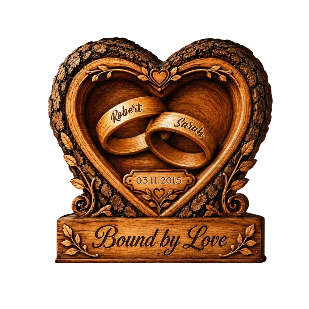 Bound By Love Custom Rings Heart Couple Wooden Plaque, Custom Wedding Wooden Block WD0809