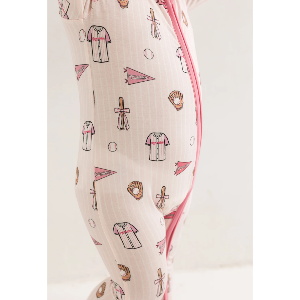 Baseball Pink Baby Girl Convertible Zippy Romper, Baby Baseball Romper Convertible BB0727