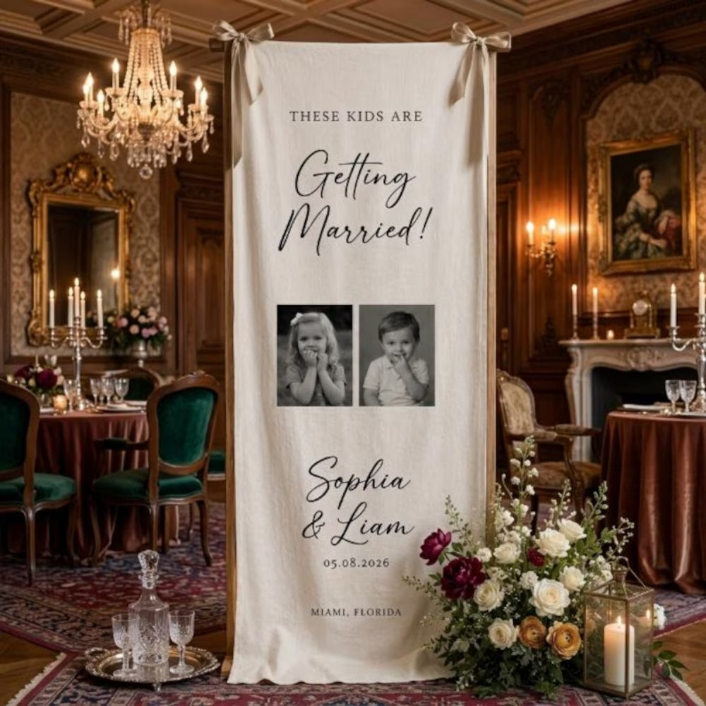 Custom Couple Photo Engagement Linen Welcome Banner, Custom Engaged Party Welcome Sign WD0963