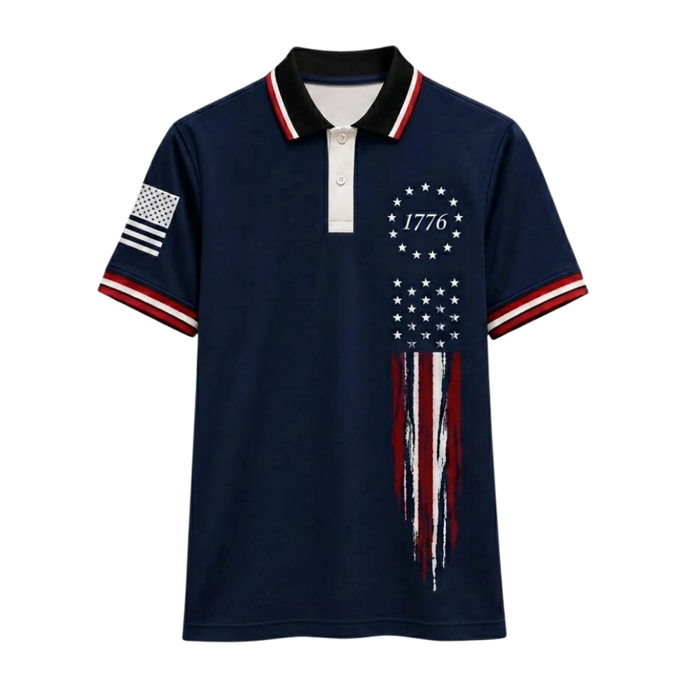 Navy American Flag 1776 Mens Golf Polo Shirt, 4th Of July Golf Shirts GE0542