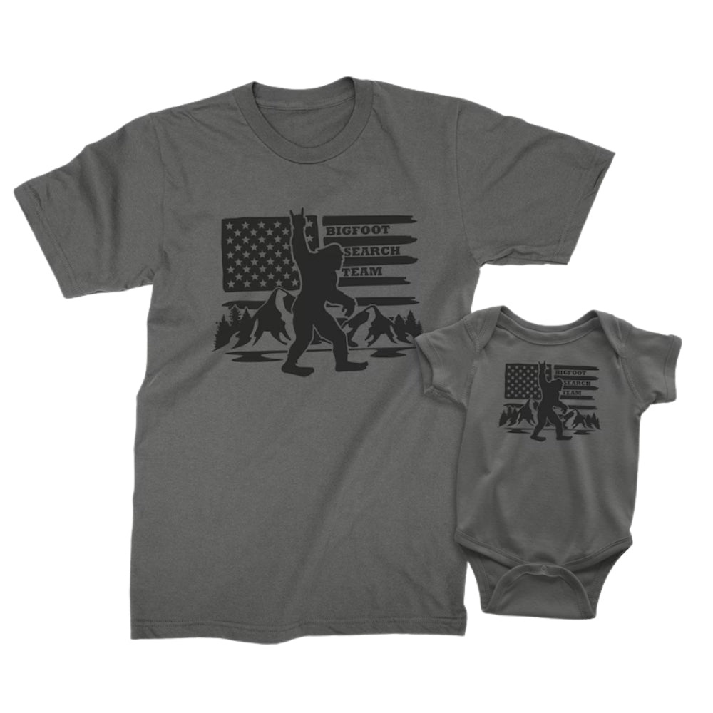 Bigfoot Search Team American Flag Matching Father And Son T Shirt, Matching Sasquatch Daddy And Mini Shirts ET0960