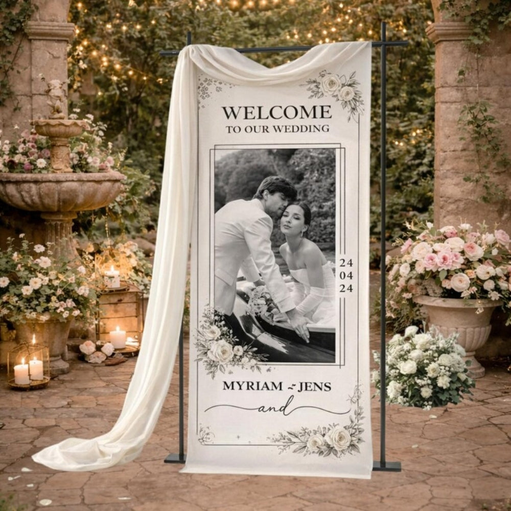 Custom Photo Wedding Linen Welcome Banner, Personalized Picture Wedding Party Welcome Sign WD0965