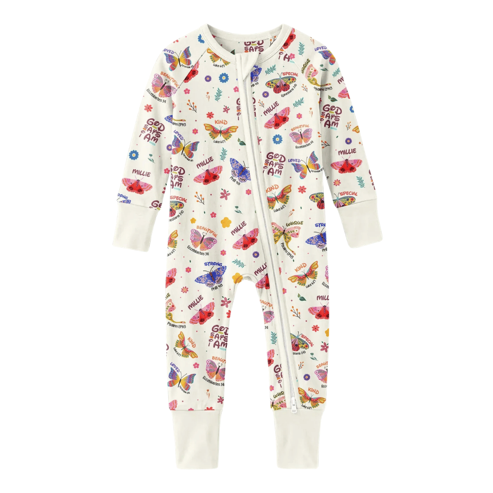 God Says I Am Custom Butterflies Baby Convertible Zippy Romper, Custom Christian Faith Baby Romper Convertible BB0950