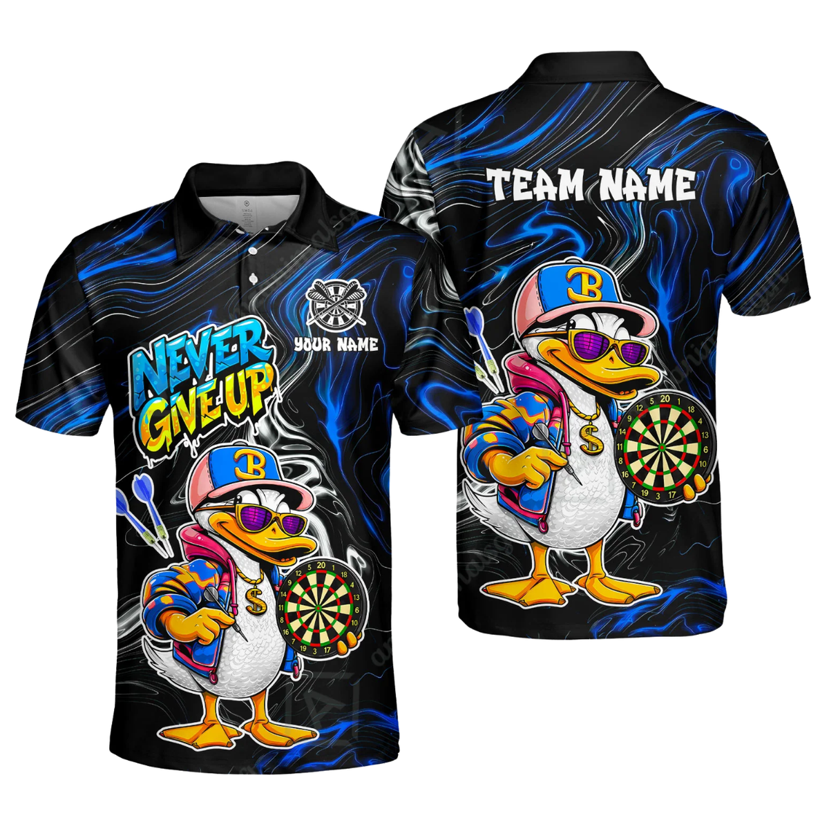 Never Give Up Custom Funny Duck Dart Polo Shirt Mens, Custom Duck Darts Team Shirt DZ0184