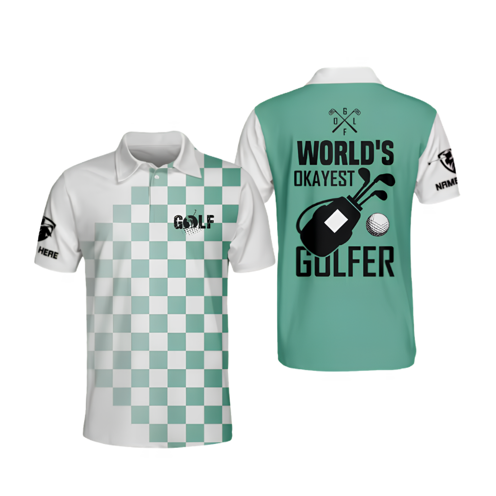 World's Okayest Golfer Personalized Checkered Green Golf Polo Shirts For Men, Custom Funny Golf Shirts GZ0462