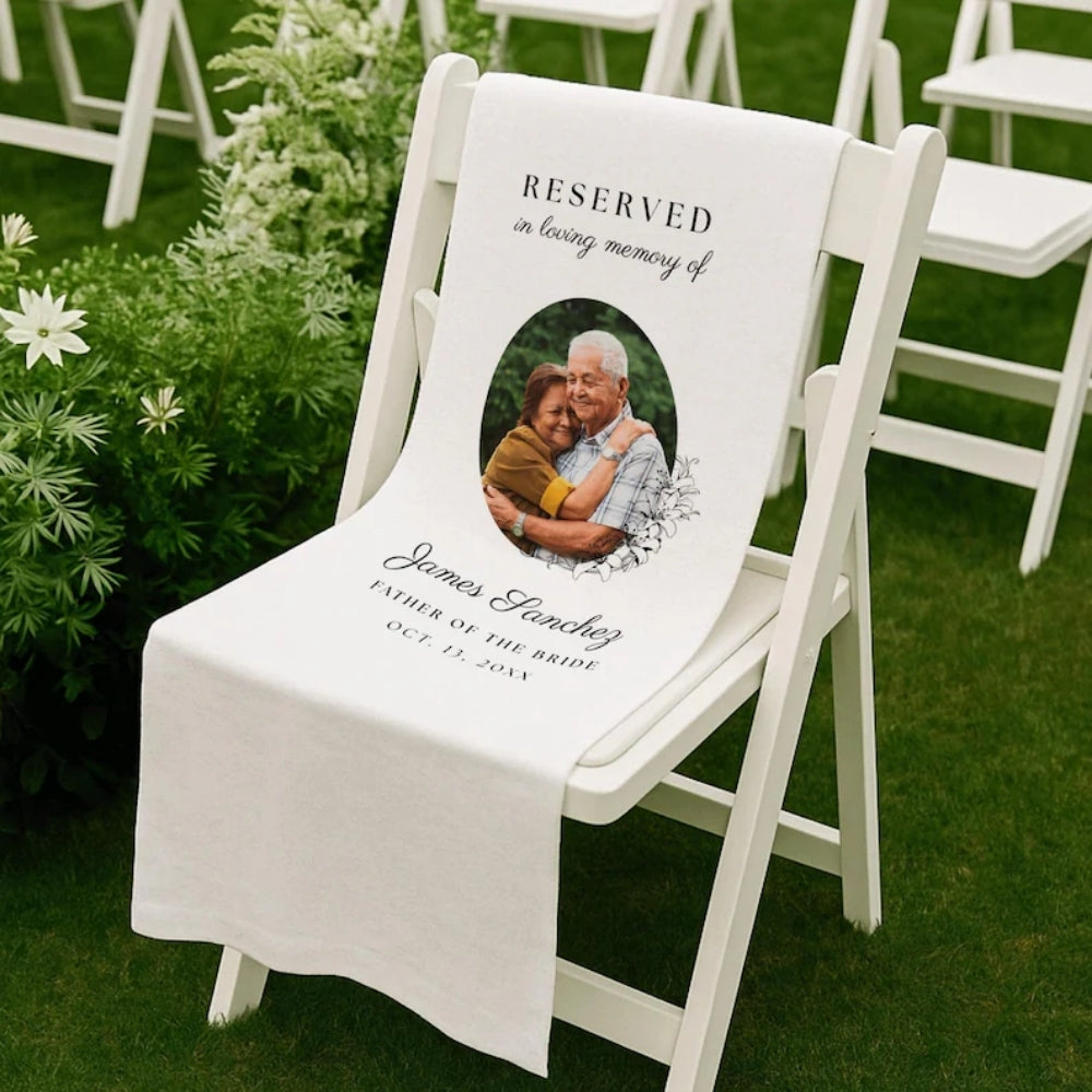 Reserved In Loving Memory Of Custom Photo Father Of The Bride Fabric Wedding Chair, Custom Wedding Memorial Fabric Sign WD0257