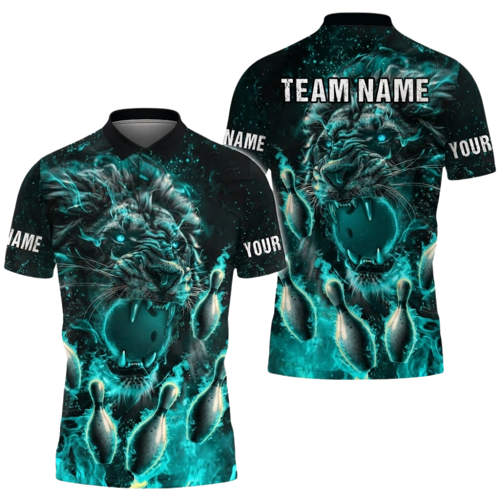 Lion Fire Ball Custom Bowling Mens Polo Shirt, Custom Lion Bowling Shirts Team BZ0688