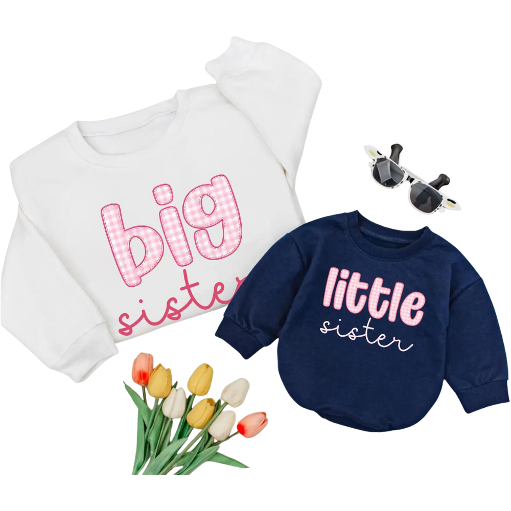 Big Sister Little Sister Pink Gingham Sweatshirt Matching, Matching Sister Sibling Sweatshirt ET1615
