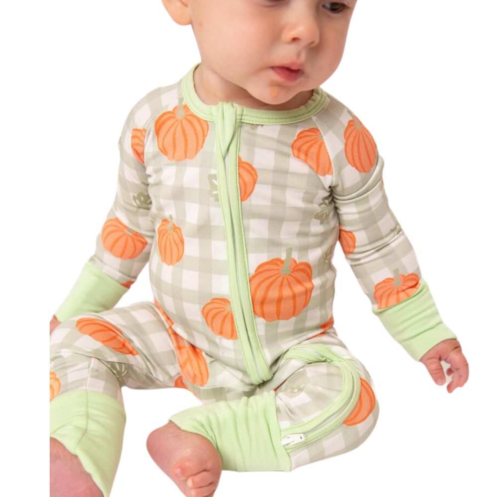Pumpkin Green Checkered Baby Convertible Zippy Romper, Pumpkin Convertible Romper Baby BB0343