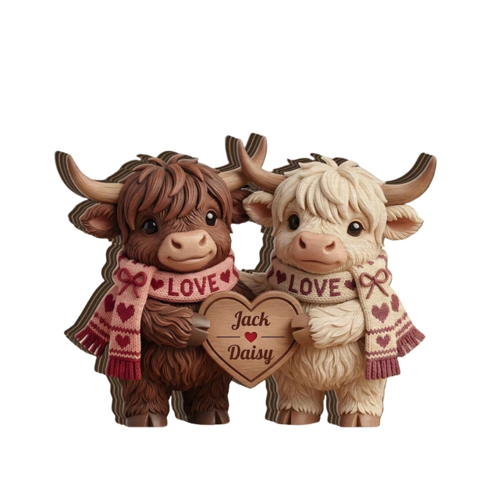 Personalized Highland Cow Couple Wooden Plaque, Custom Cow Couple Wedding Wooden Block WD0814
