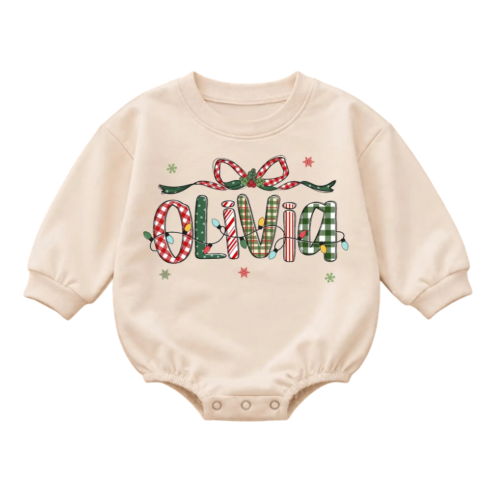 Custom Name Christmas Baby Romper Sweatshirt Checkered, Custom Christmas Sweatshirt Baby BB0871