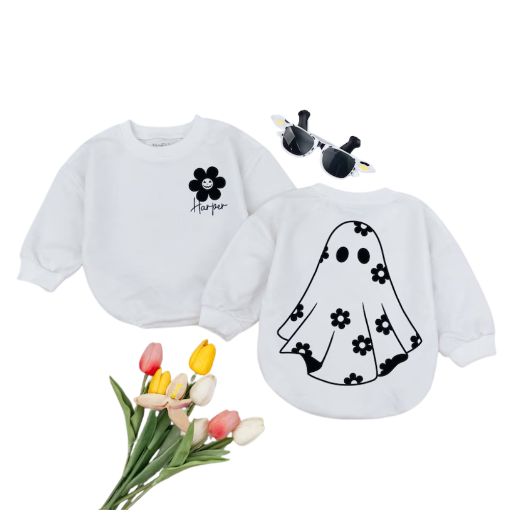 Personalized Ghost Flower Baby Romper Sweatshirt, Custom Halloween Romper Sweatshirt For Baby Girl BB0565