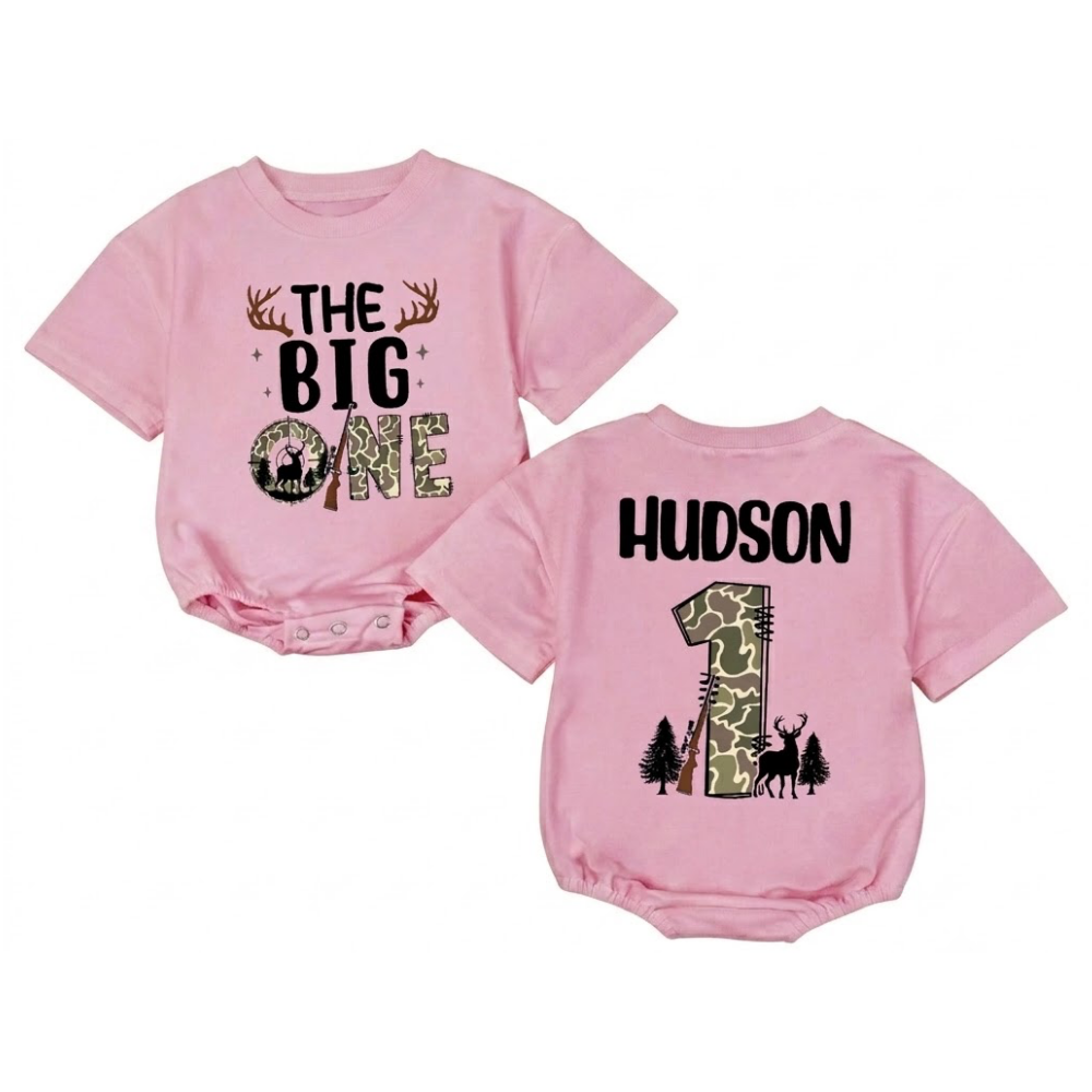Personalized The Big One Deer Hunting Camo Baby Boy T Shirt Romper, Custom First Birthday Baby's Hunting Romper BB0200