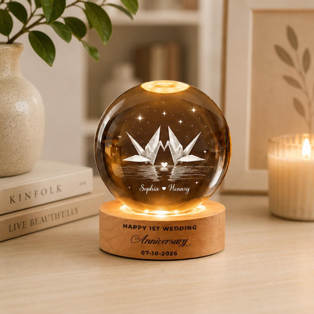Custom Paper Anniversary Crystal Ball Led Night Light, Custom One Year Wedding Night Light WD0841
