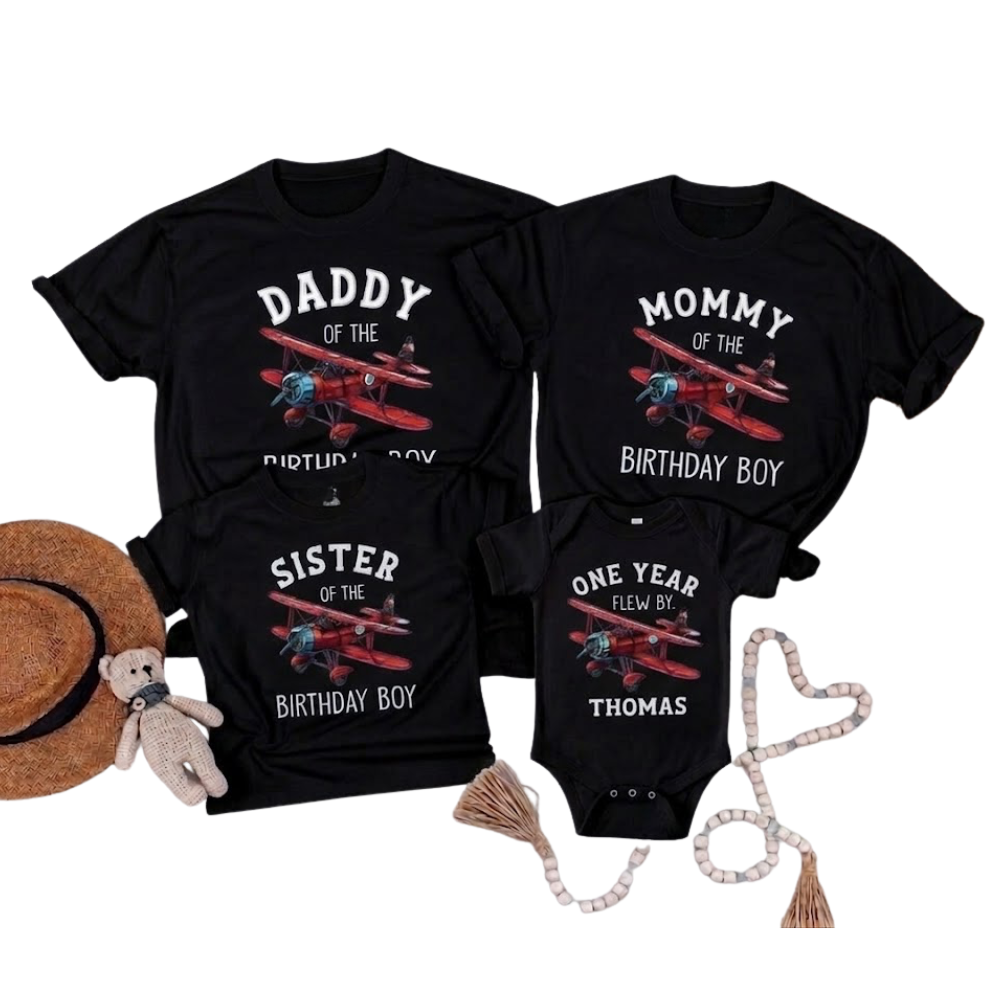 Custom Flight First Birthday Boy Family Matching T Shirt, Personalized Airplane 1st Birthday Family Shirts ET1200