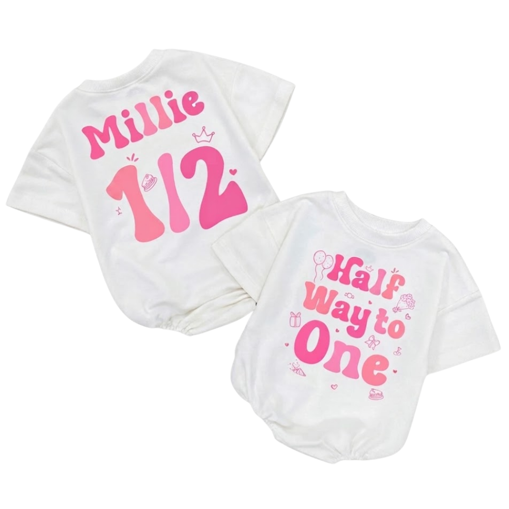 Half Way To One Custom Name 1/2 Birthday Baby Tshirt Romper, Custom Half Birthday Baby Romper BB0037