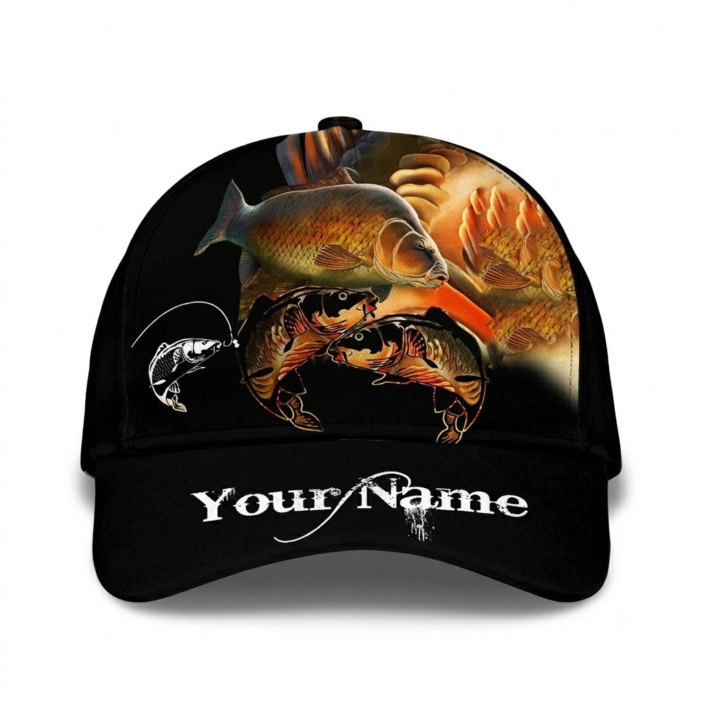 Custom Koi Carp Fishing Baseball Cap Black And Gold, Personalized Koi Fishing Lover Cap Hat CP0755