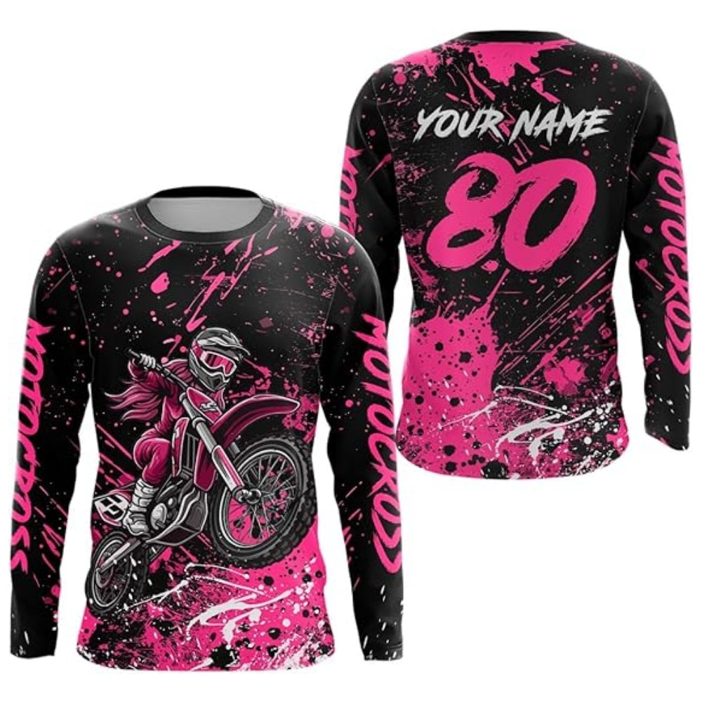 Custom Pink Motocross Long Sleeve Shirts For Women, Custom Motocross Jersey Women MZ0011