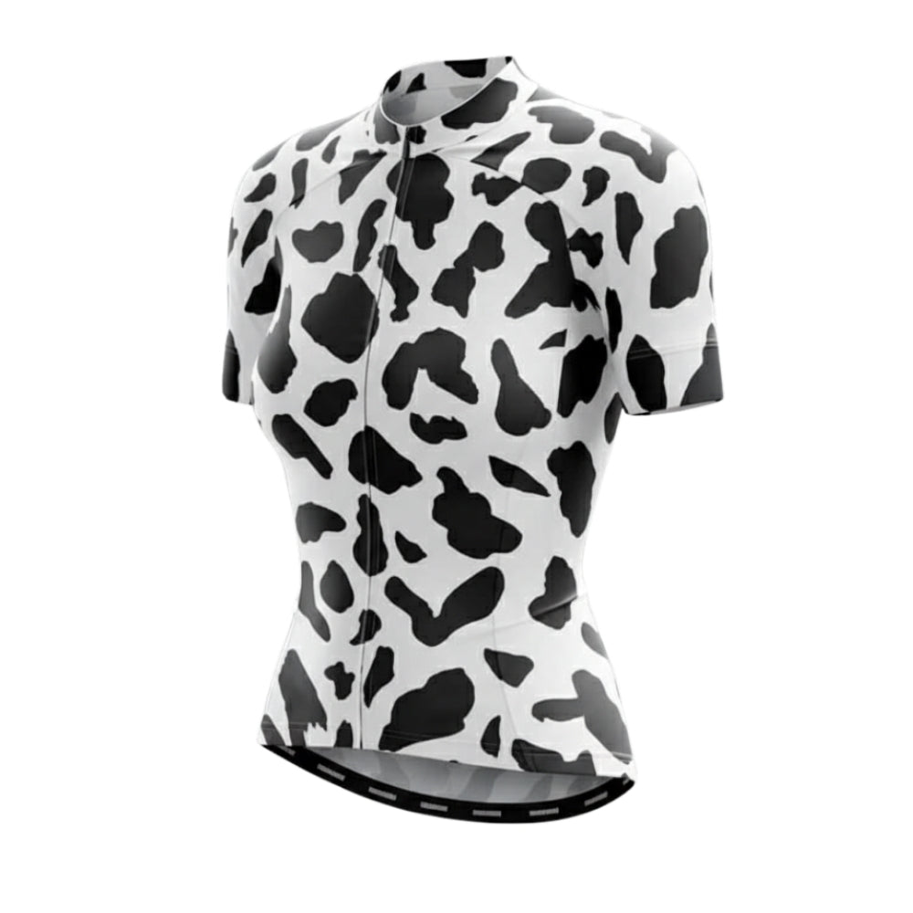 Black And White Cow Fur Women's Cycling Short Sleeve Jersey, Animal Print Cycling Jersey For Womens CE0037