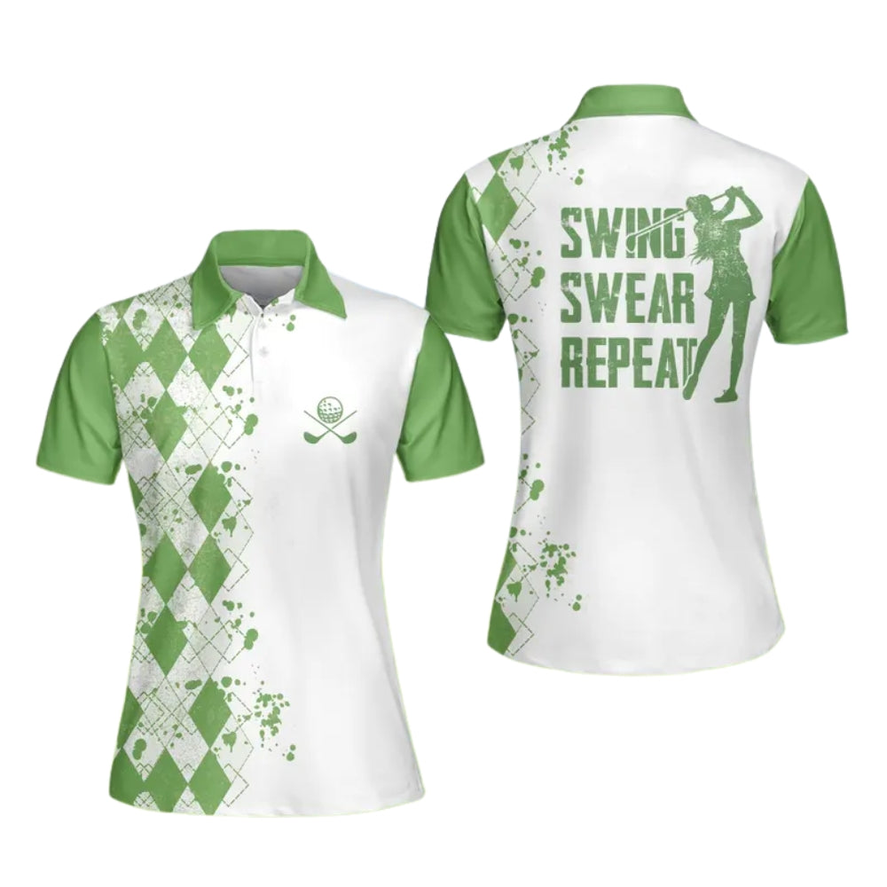 Swing Swear Repeat Green Argyle Men And Women Matching Golf Polo Shirts, Funny Couples Golf Shirts GE0316