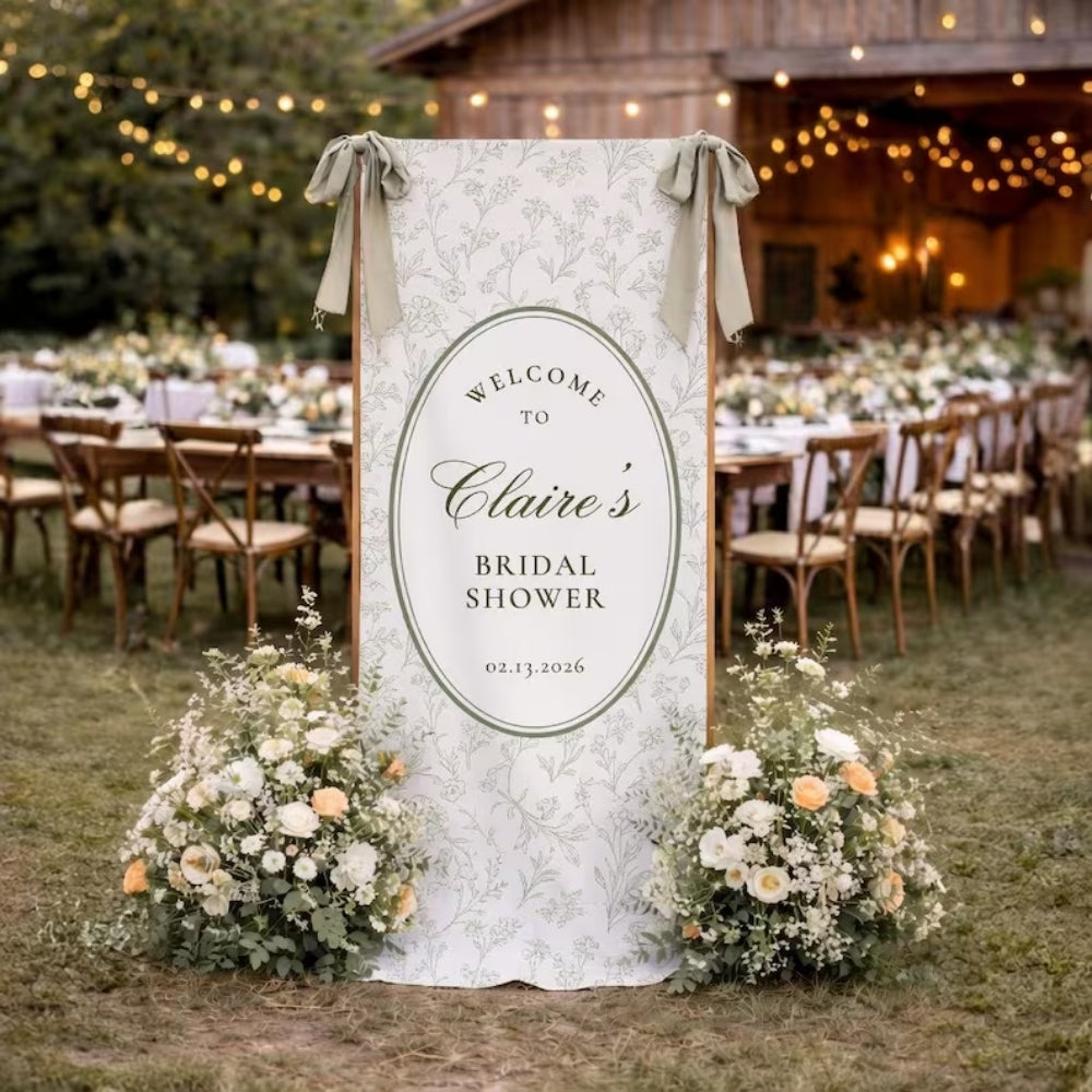 Custom Bridal Shower Linen Welcome Banner Toile de Jouy, Personalized Bridal Party Welcome Sign Green White WD0973