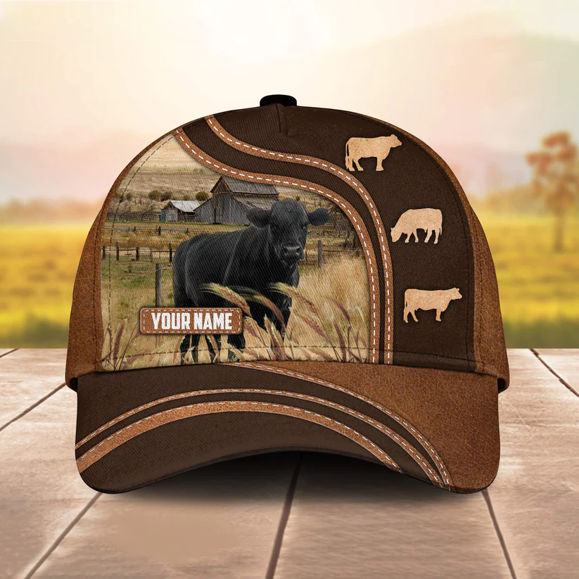 Black Angus Leather Brown Pattern Customized Name Cap CA0199