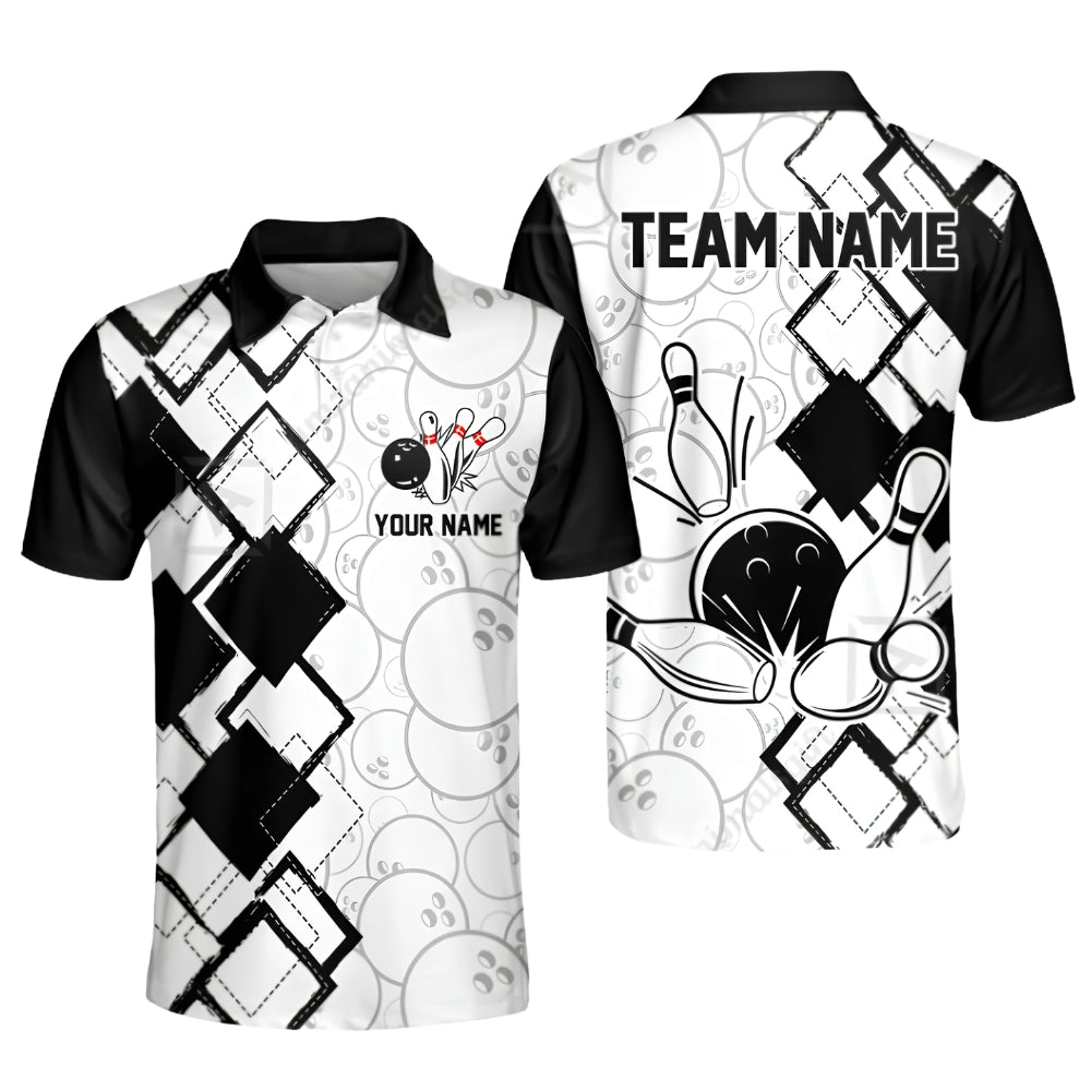Custom Argyle Black White Bowling Polo Shirt For Men, Custom Team Bowling Shirts BZ0387