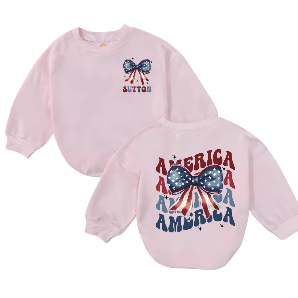 Personalized America Coquette Baby Romper Sweatshirt, Custom Baby Name Patriotic Romper Sweatshirt BB0180