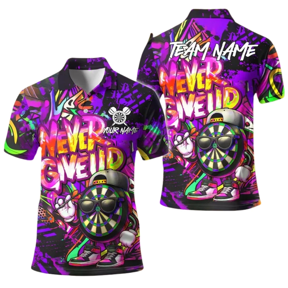 Never Give Up Custom Funny Dartboard Darts Polo Shirt For Mens, Custom Funny Darts Team Shirts DE0050