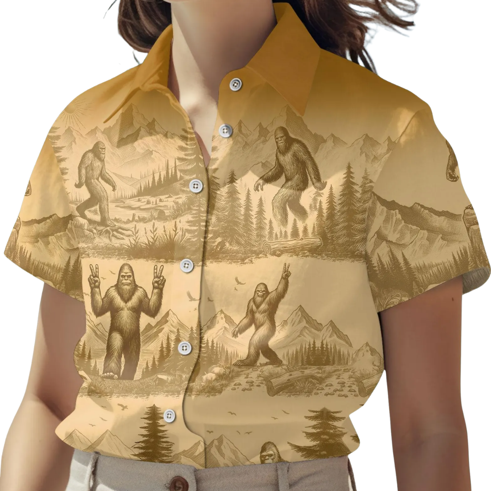 Bigfoot Hiking Yellow Hawaiian Shirt For Men Women, Sasquatch Bigfoot Hawaiian Shirts HE0354