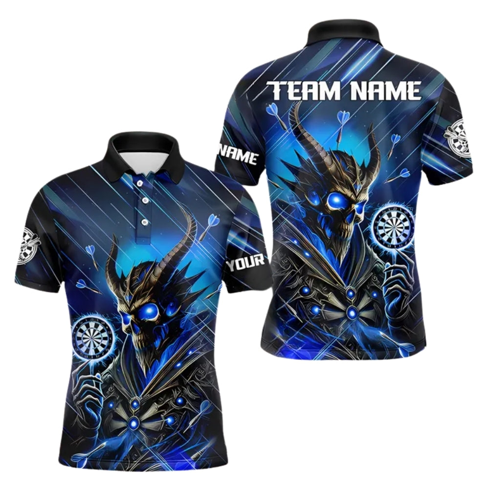 Custom Black Blue Skull Demon Darts Polo Shirt Mens, Custom Skull Darts Shirts For Team DE0053