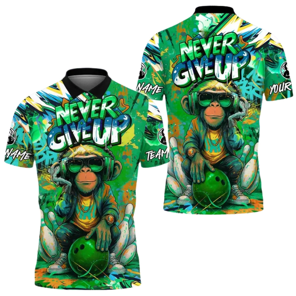 Never Give Up Custom Monkey Graffiti Mens Bowling Polo Shirt, Custom Monkey Bowling Team Shirts BE0143