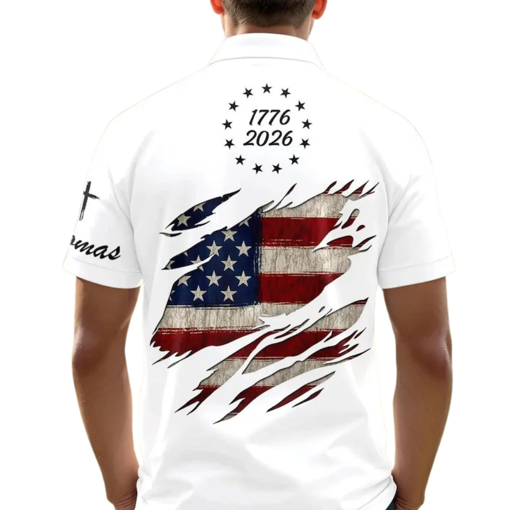 1776-2026 250th Anniversary American Flag Golf Men Polo Shirt White, Custom Patriotic 4th Of July Golf Shirts GE0417