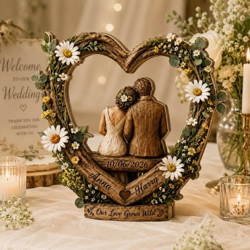 Custom Couple Wedding Heart Floral Wooden Plaque, Custom Wedding Keepsake Wooden Block WD0871
