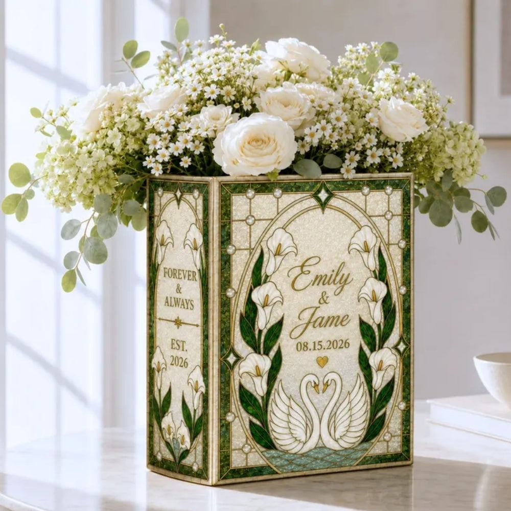 Custom Swan Couple Wedding Ceramic Book Vase, Personalized Swan Book Vase For Wedding WD0975