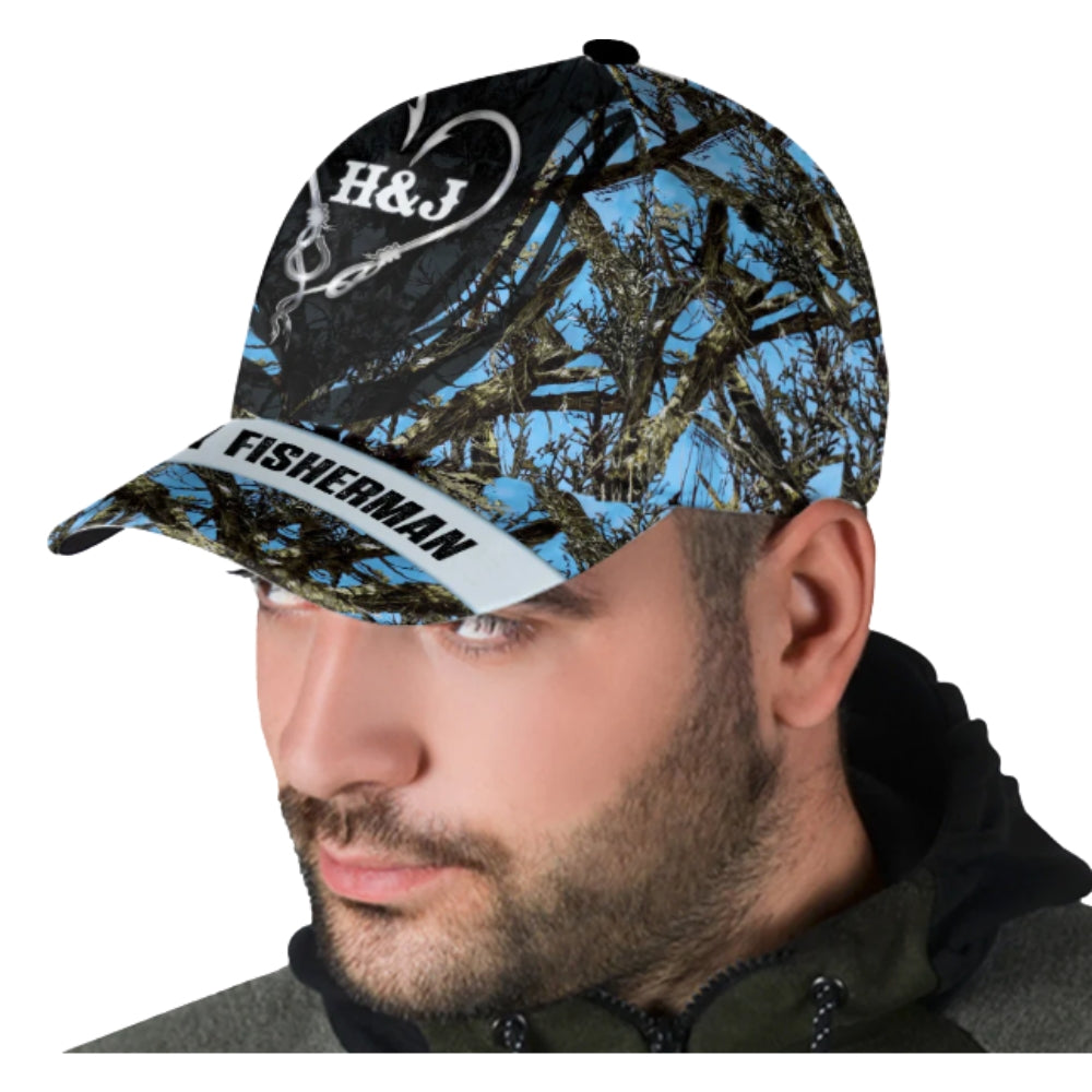 One Lucky Fisherman Custom Couple Initials Fishing Baseball Cap For Husband Boyfriend, Custom Fishing Lover 3D Printed Hat CP0506