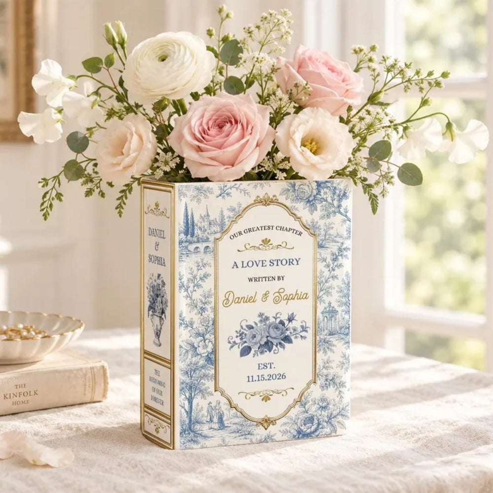 A Love Story Written By Custom Couple Name Ceramic Book Vase, Personalized Wedding Keepsake Book Vase WD0976