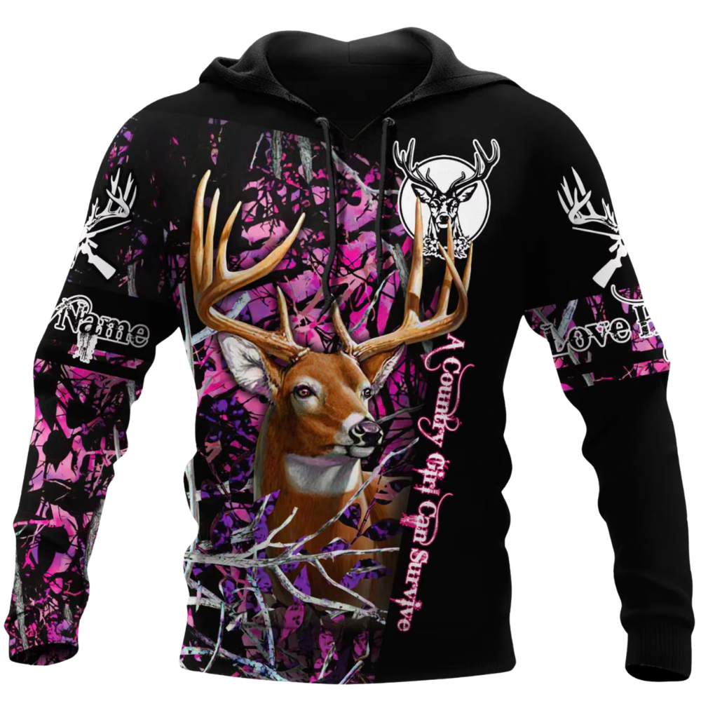 A Country Girl Can Survive Custom Deer Hunting Pink Camo 3D Hoodie, Personalized Hunting Lover Hoodie 2D1149