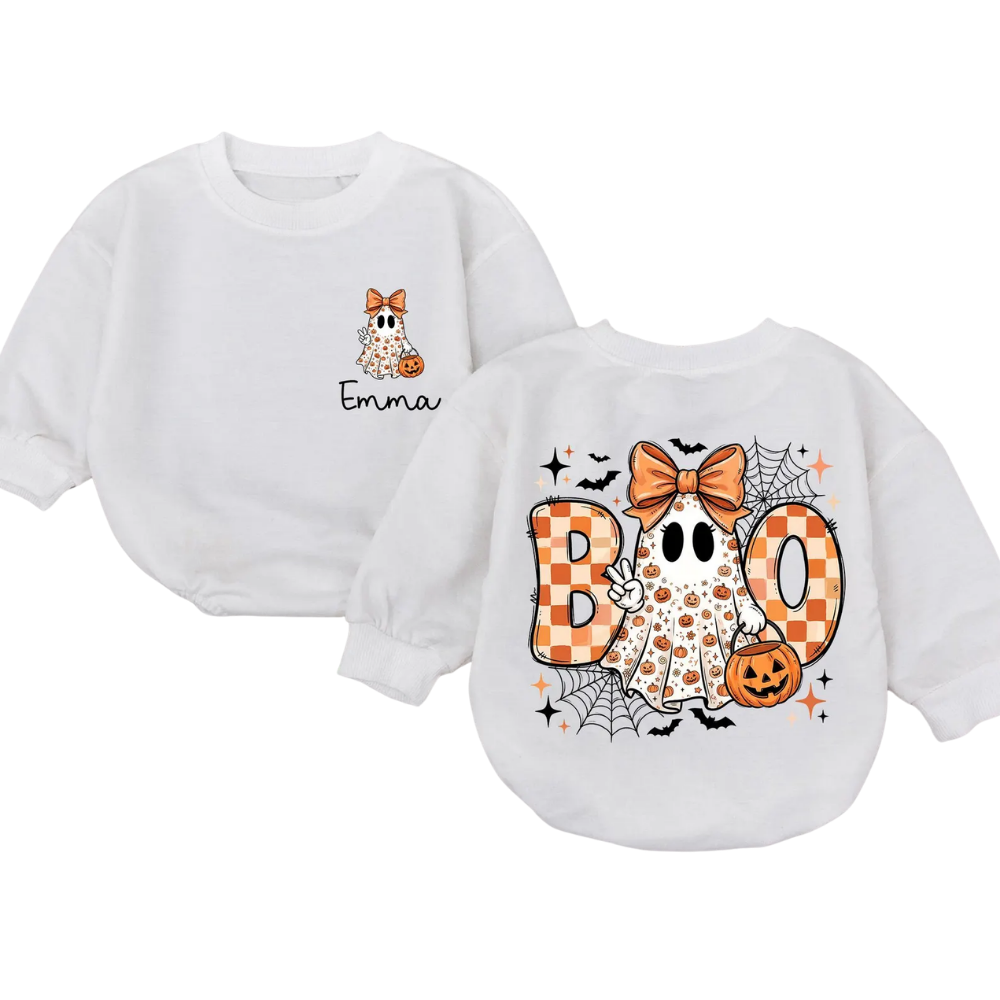 Custom Name Boo Halloween Baby Girl Romper Sweatshirt, Custom Halloween Romper Sweater BB0699