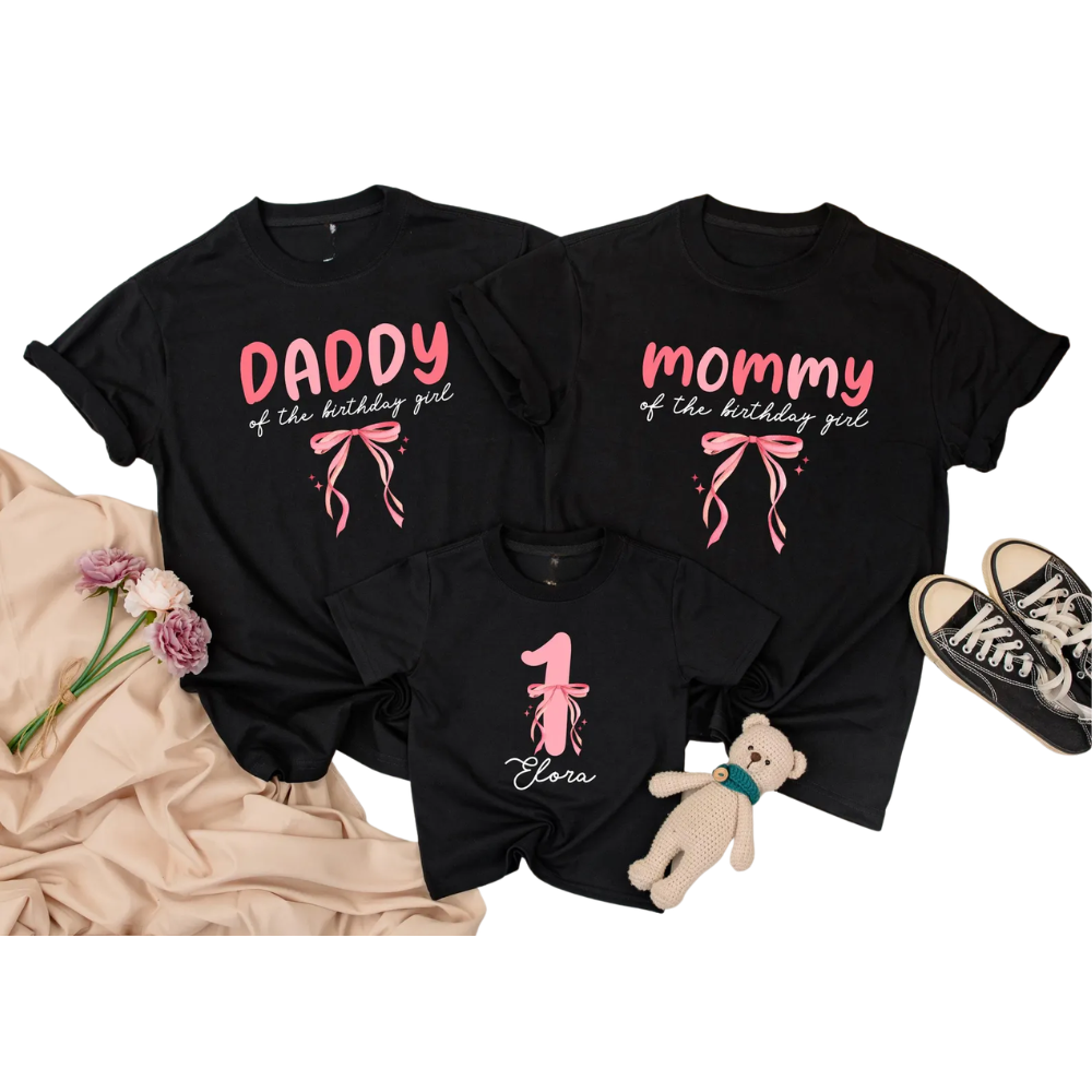 Personalized Pink Bow First Birthday Girl Family Matching T Shirt, Custom 1st Birthday Family Shirts ET1154